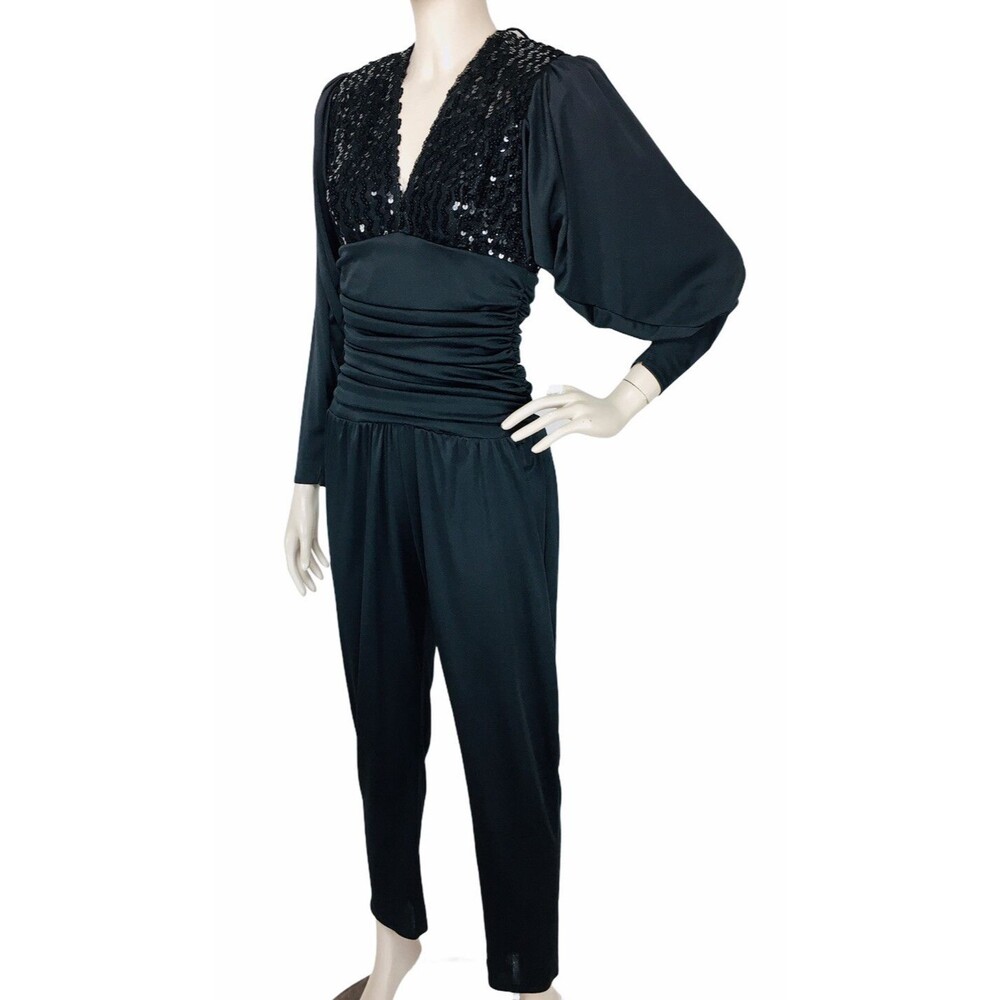 VTG 60s 70s Black Sequined V-Neck V-Back Ruched Batwing Sleeve Jumpsuit Size 6